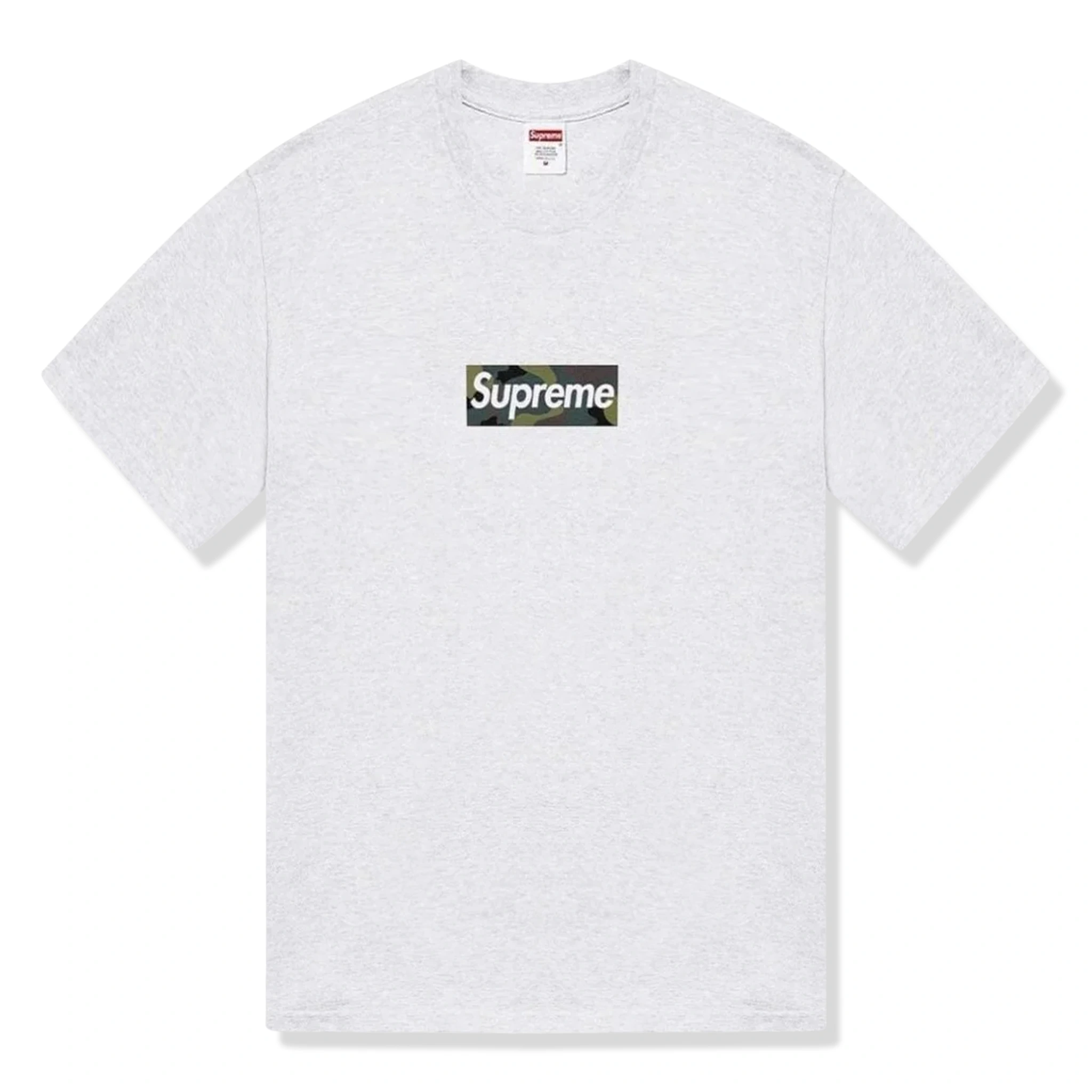 Front view of Supreme Camo Box Logo Ash Grey T Shirt (FW23)